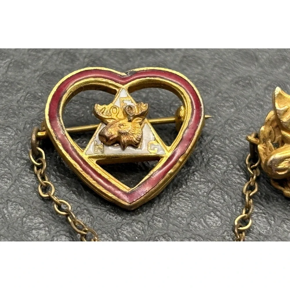 VTG Gold Filled Fraternal Women of the Moose Lodge Red Enamel Heart Chain Pin